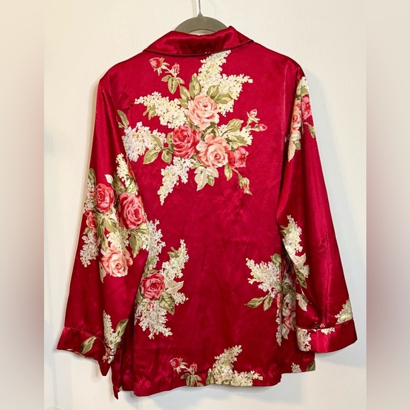 Oscar de la Renta Red Floral Long Sleeve Satin Button Up Blouse Top- Size Small - Picture 4 of 9
